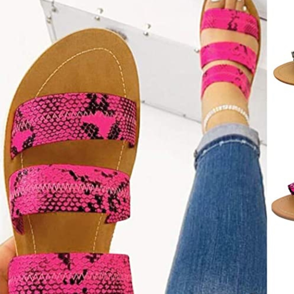 Womens Triple Strap Hot Pink and Black faux leather Snakeprint sandal sz…
